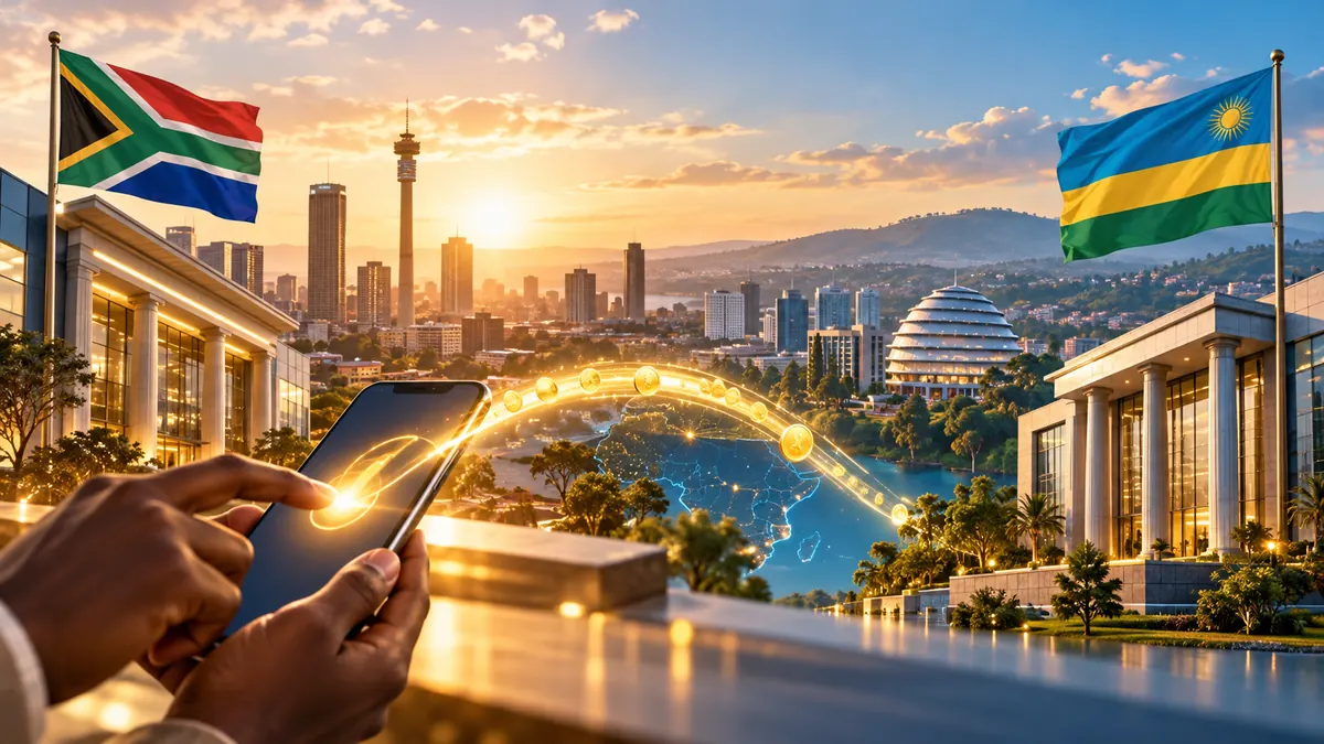 Golden-hour illustration of a bank transfer from South Africa to Rwanda, with both national flags, a smartphone, Johannesburg and Kigali skylines and glowing international payment connections.