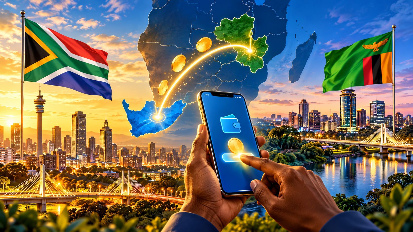 Golden-hour illustration of a mobile money transfer from South Africa to Zambia, featuring both national flags, an MTN mobile wallet on a smartphone and a glowing cross-border payment connection.