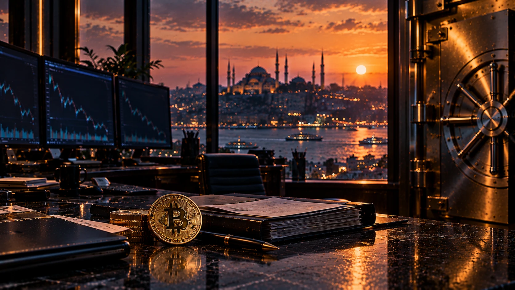 Dark cryptocurrency trading room overlooking Istanbul's waterfront at sunset, with an empty chair, Bitcoin coin, case files and a closed vault representing the Thodex 2021 collapse.