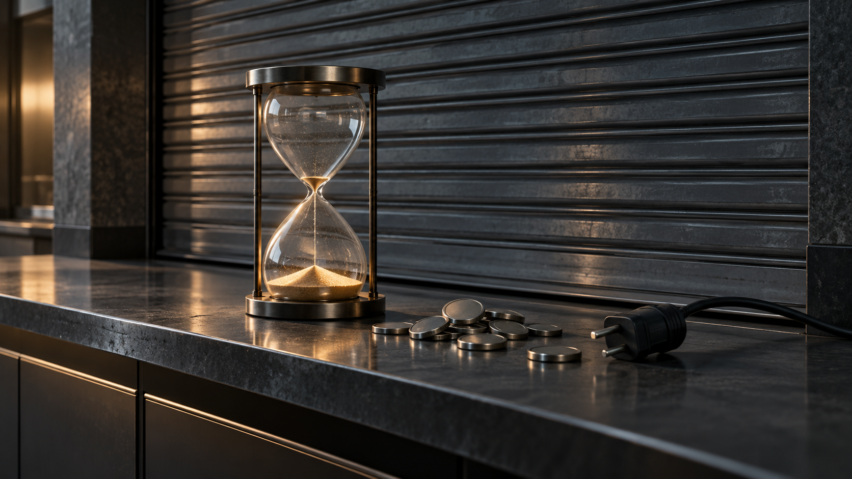 Conceptual illustration of a closed exchange counter with an hourglass, plain metal tokens and an unplugged cable.